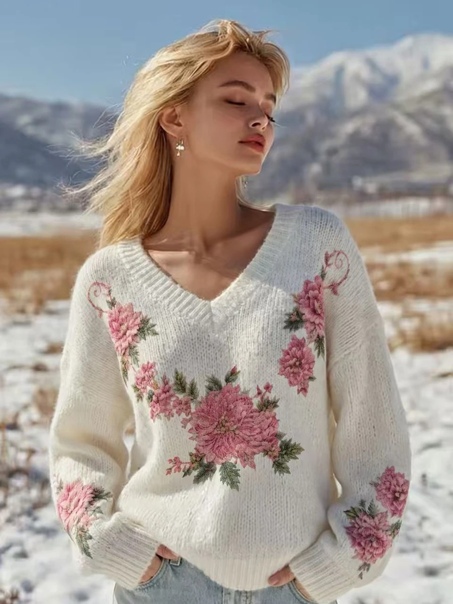 SHEIN Franclia Soft Pink Floral Print V-Neck Dropped Shoulder Long Sleeve Sweater - White - View 1