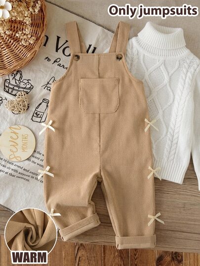 SHEIN Newborn Baby Girl Woven Cute Versatile Casual Khaki Color 3D Contrast Bow Romper, Suitable For Spring, Summer, Autumn, Winter All Seasons
