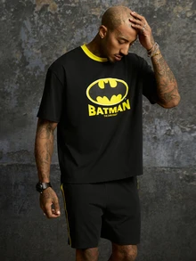 BATMAN X SHEIN Men's Cartoon Pattern Print Contrast Color Short Sleeve T-Shirt - Black - View 5