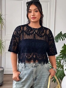 SHEIN EZwear 大尺碼女款性感蕾絲鏤空辣妹上衣 - 藏蓝色 - 查看 4