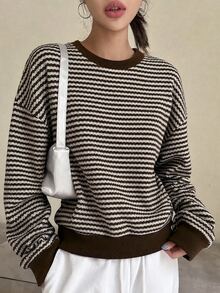 Modelyn 女款條紋圓領寬鬆落肩羅紋下擺休閒日常通勤百搭衛衣，秋冬款 - 彩色 - 查看 5