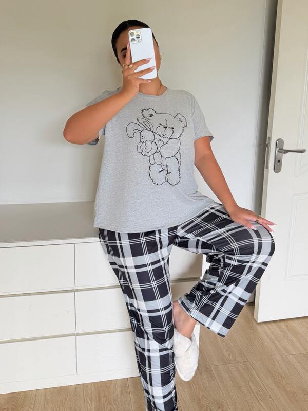 Napfluff CURVE Napfluff CURVE Cute Cartoon Bear & Rabbit Print T-Shirt With Plaid Long Pants Plus Size Pajama Set