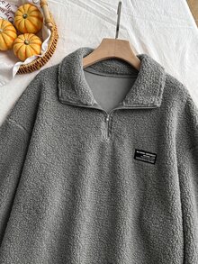 Comfortcana 大尺碼女款字母印花牛仔長袖休閒秋冬抓絨衛衣 - 淺灰色 - 查看 5