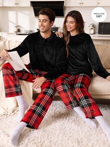 CoupledUp Men's Round Neck Button-Front Plush Long Sleeve & Long Pants Loungewear Set - Multicolor - View 1