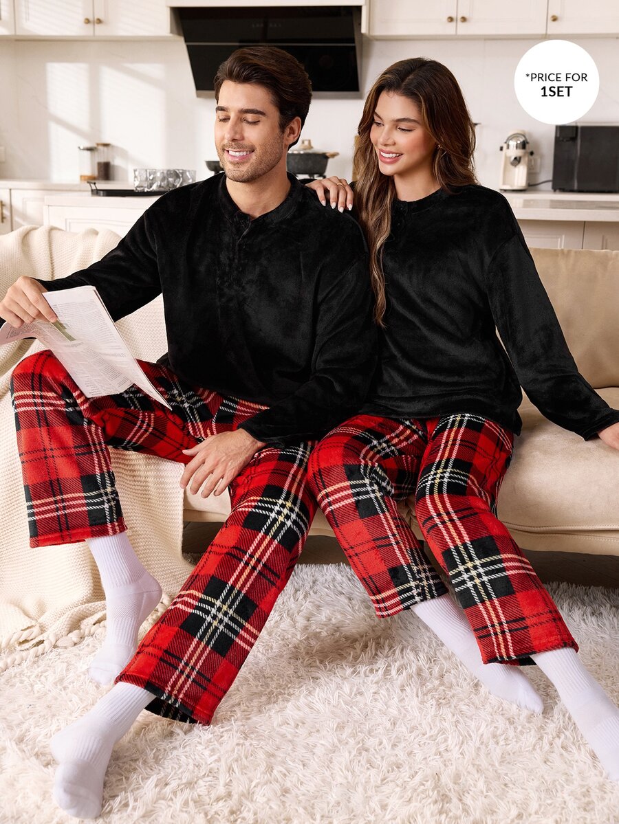 CoupledUp Men's Round Neck Button-Front Plush Long Sleeve & Long Pants Loungewear Set - Multicolor - View 1