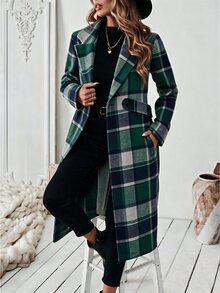 SHEIN 女款長袖缺口領格紋大衣附腰帶 - 綠色 - 查看 1