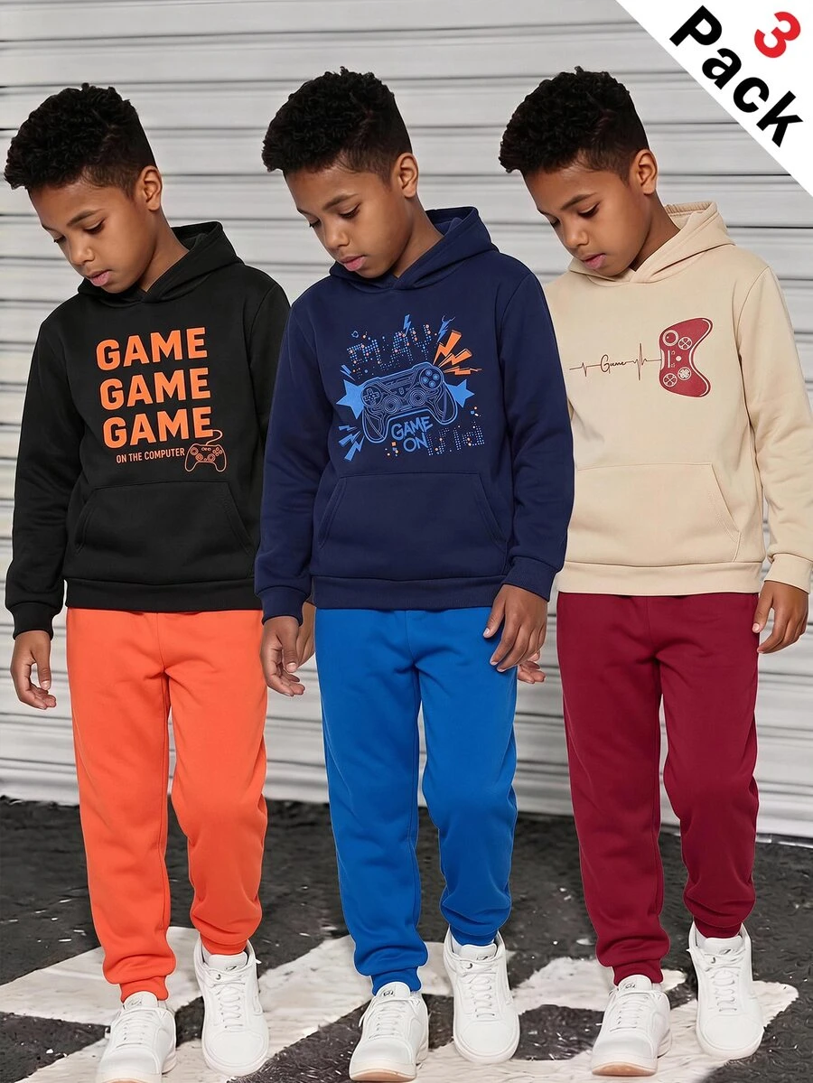 SHEIN 6pcs Setelan Anak Laki-laki Remaja Kasual Sehari-hari Serbaguna Nyaman dengan Motif Konsol Game, Hoodie Pullover Longgar, Celana Jogger Longgar, Celana Olahraga Rajut Dua Potong, Lapisan Bulu Domba Tebal - MultiWarna - View 1