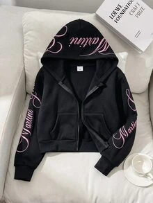 SHEIN 青少年女孩寬鬆休閒極簡舒適日常街頭風粉色字母刺繡連帽寬鬆版型貼袋前開襟拉鍊短版長袖運動衫外套灰色返校穿搭 - 黑色 - 查看 3