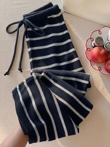 Comfortcana Plus Size Casual Colorblock Striped Knit Long Pants, Autumn/Winter Fall - Navy Blue - View 5