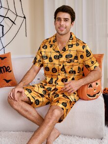 CoupledUp Cartoon Halloween Element Print Faux Silk Men's Pajama Set - Orange - View 4