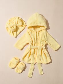 SHEIN 新生女嬰淺粉色攝影浴袍套裝，含配套頭巾帽與迷你拖鞋，秋季款 - 黃色 - 查看 1