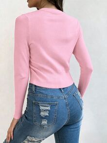 SHEIN 秋冬休閒百搭純色開襟毛衣 - 淺粉色 - 查看 2