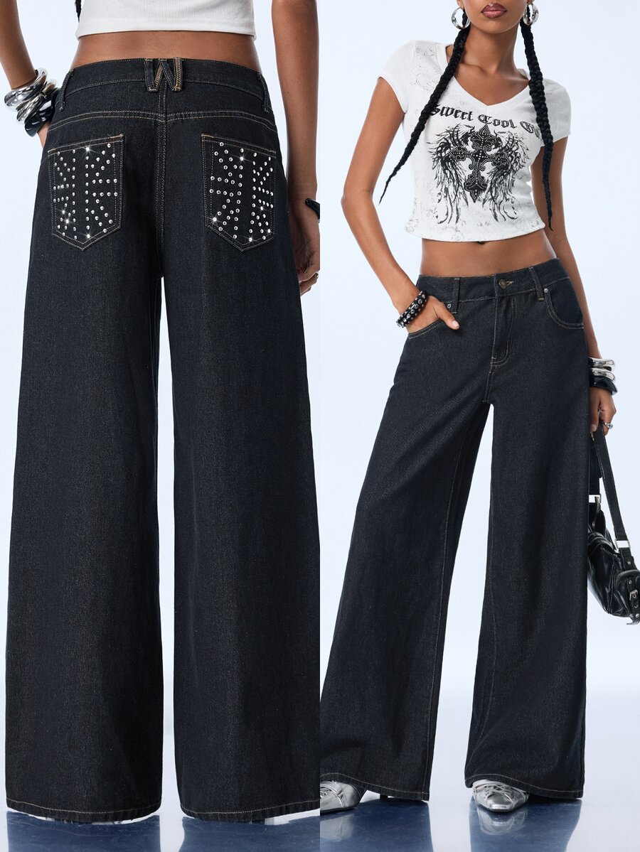Y2Kool Women's Rivet Design Pocket Wide Leg Loose Casual Denim Jeans - Navy Blue - View 1