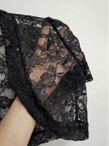 SHEIN Clasi 女款優雅蕾絲短版薄款外套 - 黑色 - 查看 5
