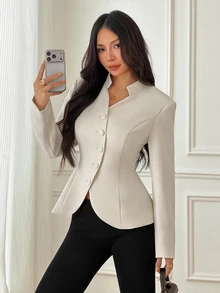 SHEIN PETITE Elegant, Minimalist White Blazer With A Small Stand Collar For Petite Women-Perfect For Work. - White - View 3