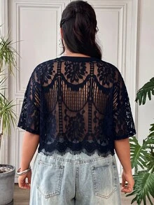 SHEIN EZwear 大尺碼女款性感蕾絲鏤空辣妹上衣 - 藏蓝色 - 查看 3