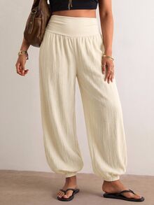 Freevana Plus Size Women Solid Color Pleated Casual Versatile Daily Wear Long Pants - Apricot - View 8