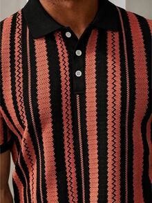 Manfinity CasualCool 男士休閒商務條紋設計 Polo 衫，適合日常通勤，百搭休閒穿搭 - 橘色 - 查看 5