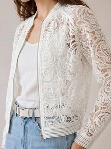 SHEIN Uhlyne Women's Elegant Fashion Hollow Embroidery Front Zipper Opening Small Stand Collar Long Sleeve Jacket, Fashionable Elegant Design Commuter Outfit White Top - White - View 7