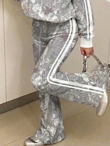 2件組 女孩休閒街頭風極簡樹枝滿版印花連帽衛衣與鬆緊腰喇叭褲，適合秋冬穿著 - 彩色 - 查看 6