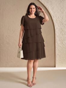 Reflora Plus Size Vintage Vacation Asymmetrical Hem Crew Neck Dress - Coffee Brown - View 4