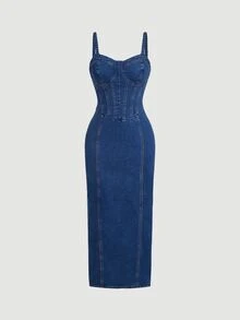 SHEIN MOD Plus Size Fashion Versatile Ruched Waist Back Slit Denim Dress - Blue - View 1