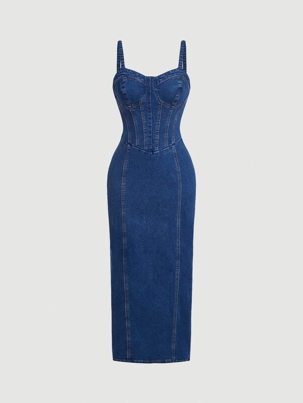 SHEIN MOD Plus Size Fashion Versatile Ruched Waist Back Slit Denim Dress