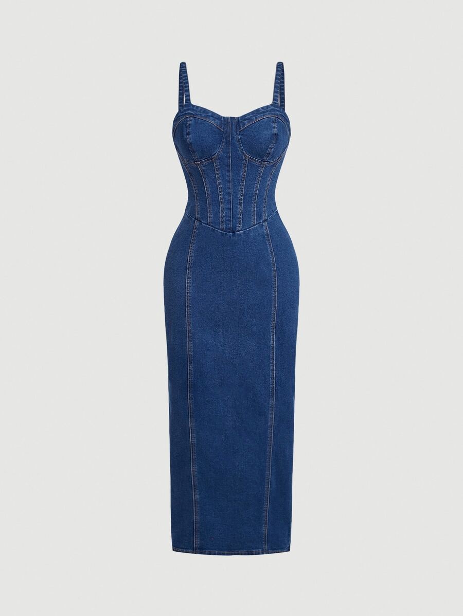 SHEIN MOD Plus Size Fashion Versatile Ruched Waist Back Slit Denim Dress - Blue - View 1
