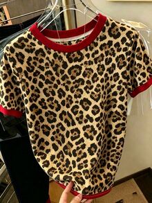 Resyla Leopard Print Color-Block Printed Casual Women's Crew Neck T-Shirt, Suitable For Summer - Multicolor - View 3