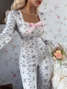 CottageSlumber Sweet Lace Trim Square Neck Bow Ditsy Floral One-Piece Pajamas Women's Loungewear - White - View 2