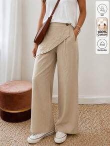 Yunfilé Women's Spring/Summer Casual Cotton Blend Loose Asymmetrical Flap Decor Solid Color Wide Leg Long Pants, Suitable For Outings, Commuting And Street Style - Khaki - View 4