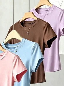 1件隨機女款青少年短版T恤，白色、黑色、灰色、粉色、海軍藍、棕色，休閒百搭全季節穿著 - 彩色 - 查看 5