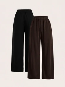 SHEIN EZwear 2件組大尺碼女款腰部綁帶寬腿長褲 - 棕色 - 查看 2