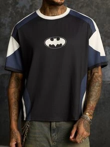 BATMAN X SHEIN Men's Summer Casual Colorblock Patchwork Bat Print T-Shirt - Black - View 4