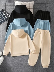 SHEIN 6pcs Kids Tween Boy Casual Daily Versatile Comfortable Embossed Pattern Hooded Pullover Loose Sweatshirt And Loose Jogger Pants Knit Two Pieces Set Thermal Lined Thick Sweatshirt Set - Multicolor - View 3