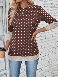 SHEIN LUNE Autumn New Multi-Color Small Round Neck Long Sleeve Colorblock Side Pleated Button Brown Polka Dot Casual Comfortable Women's T-Shirt - Multicolor - View 3