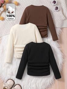 SHEIN 女童 3 件組針織素色圓領抓皺休閒 T 恤套裝 - 彩色 - 查看 2