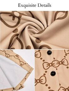 Brilight Bow Print V Neck Sleeveless Button Vest Wide Leg Capri Pants For Daily Brunch Vacation Lounge Outfit - Khaki - View 6