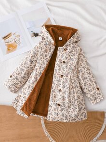Elladie kids 女童秋冬淺杏色法式鄉村復古拼接咖啡棕抓絨內裡連帽長袖中長款風衣 - 棕色 - 查看 4