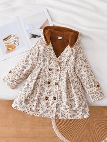 Elladie kids 女童秋冬淺杏色法式鄉村復古拼接咖啡棕抓絨內裡連帽長袖中長款風衣 - 棕色 - 查看 6