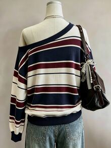 Lalippa Sweatshirt Lengan Panjang Wanita Motif Garis-Garis Warna Blok Kasual Serbaguna untuk Sehari-hari - MultiWarna - View 2