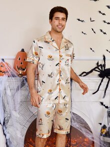 CoupledUp Cartoon Halloween Element Print Faux Silk Men's Pajama Set - Apricot - View 6