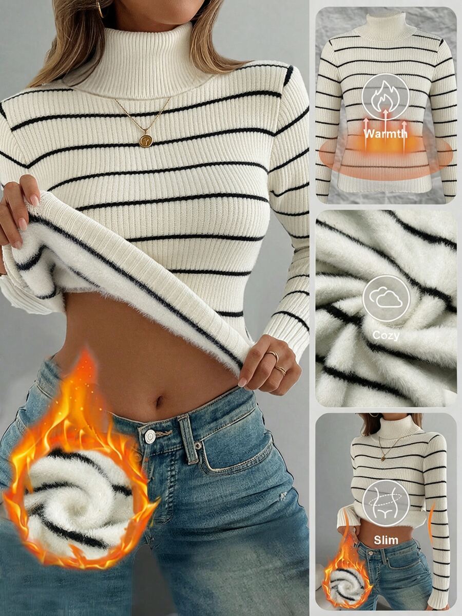 SHEIN Franclia 女款修身條紋連體抓絨毛衣,秋冬休閒時尚居家內搭衫 - 黑與白 - 查看 1