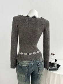 Elamini Sweater Wanita Berenda Leher V dengan Pinggang Berkerut - Grey - View 4
