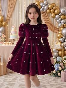 Tween Girl New Burgundy Velvet Round Neck Puff Long Sleeve A-Line Princess Birthday Dress With Pearl Flower And Beaded Embellishments Pearl Round Neck - Burgundy - View 8