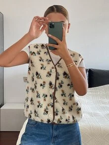 Livesso 女款秋冬休閒碎花無袖外套 - 米色 - 查看 6