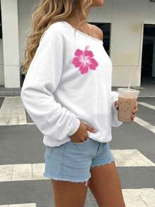SHEIN EZwear 白色寬鬆露肩休閒長袖運動衫，粉色花卉圖案，復古休閒風，適合海灘、音樂節、度假等場合，展現邁阿密女孩魅力，秋季開學及秋冬女裝理想選擇。這款露肩運動衫/烏龜圖案運動衫/灰色運動衫/夏季上衣非常適合開學與秋冬穿搭 - 白色 - 查看 7