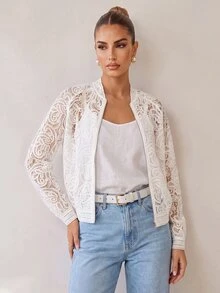 SHEIN Uhlyne Women's Elegant Fashion Hollow Embroidery Front Zipper Opening Small Stand Collar Long Sleeve Jacket, Fashionable Elegant Design Commuter Outfit White Top - White - View 6
