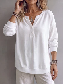 Breezaya ياقة هينلي كلاسيكية، قصة فضفاضة، حافة مضلعة. أسلوب أساسي كاجوال يومي سهل. سفر يومي أبيض خريف سفر يومي وجبة الغداء - أبيض - مشاهدة 4