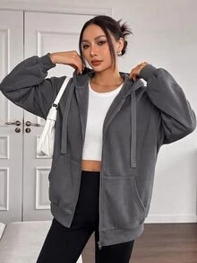 SHEIN EZwear 休閒運動灰色開襟連帽大尺碼夾克 - 深灰色 - 查看 7